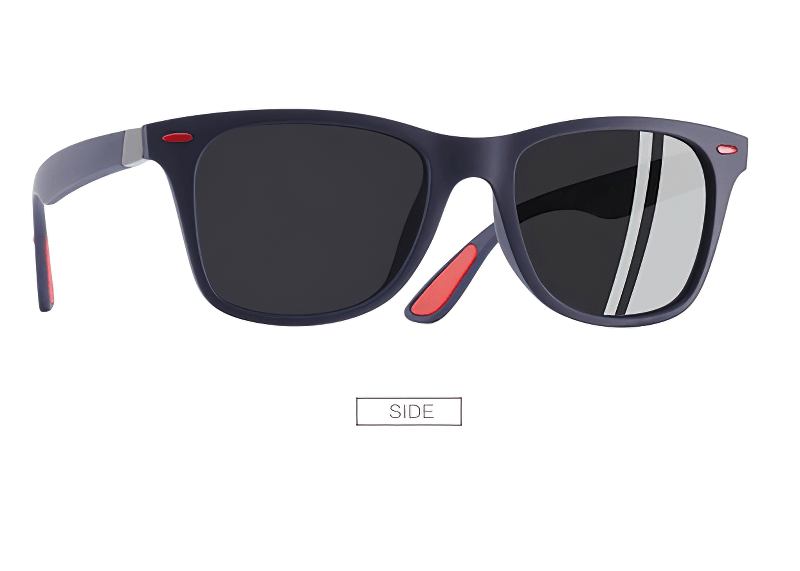 Square style ultralight polarized sunglasses SF0950 with black lenses and red accents for men and women, side view.